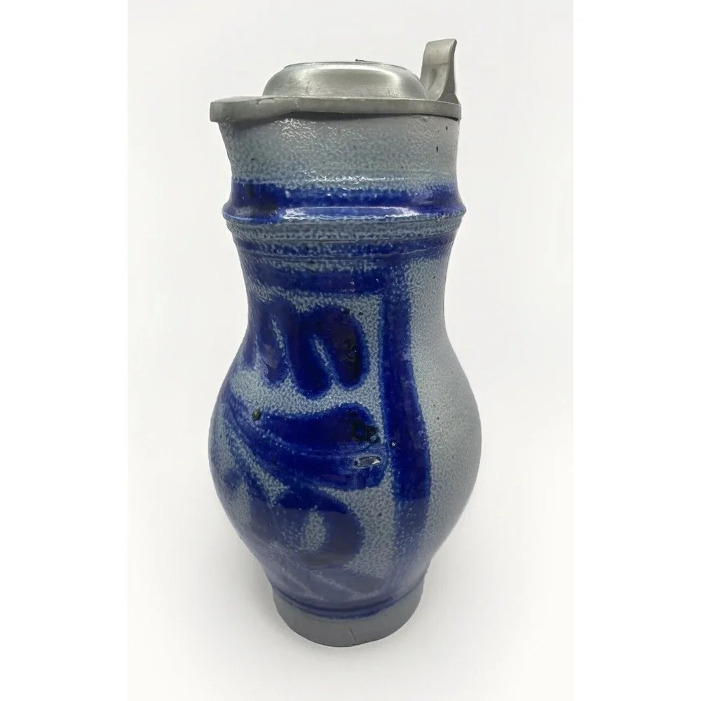 Vintage‎ Stoneware Salt Glazed Stein/Tankard Cobalt Blue w/Pewter Lid 8.5